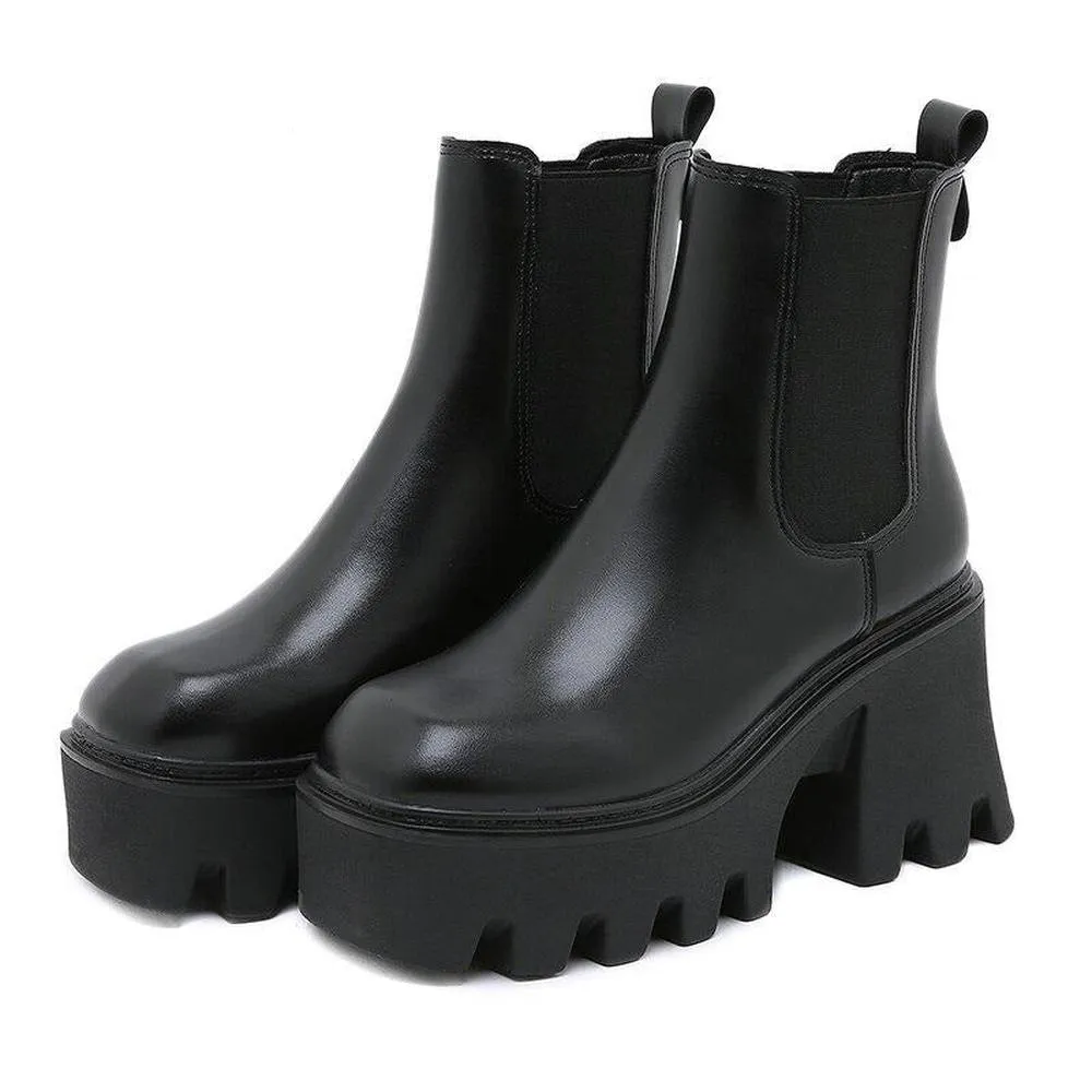 Women Motorcycle Boots Square High Heels Thich Platform Ankle Boots