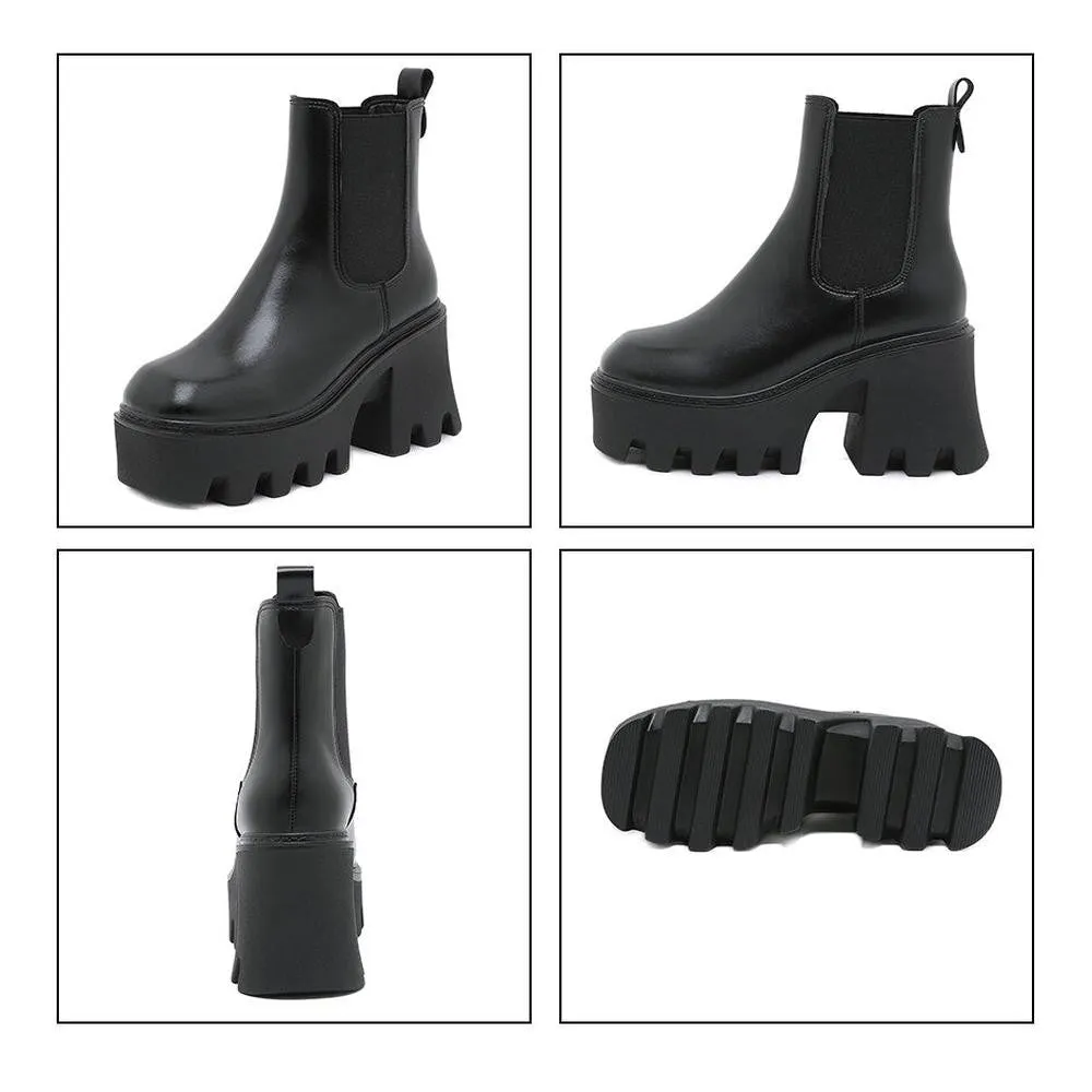 Women Motorcycle Boots Square High Heels Thich Platform Ankle Boots