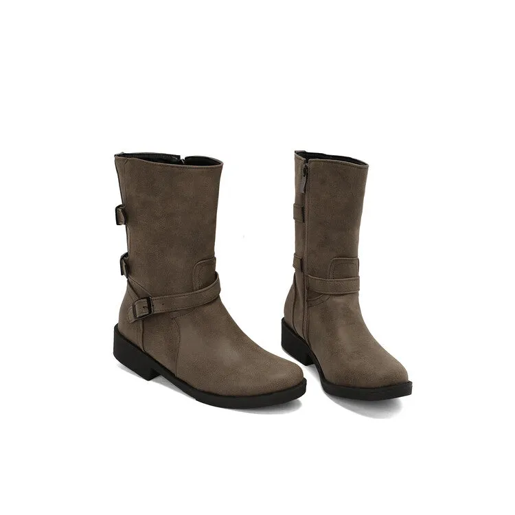 Women's Buckle Strap Round Toe Low Heels Short Boots