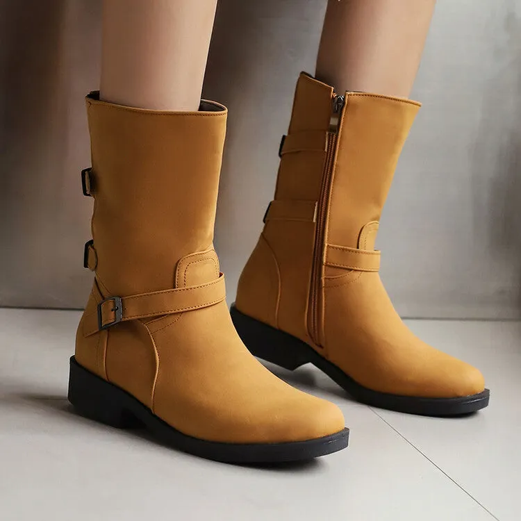 Women's Buckle Strap Round Toe Low Heels Short Boots