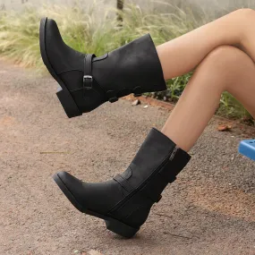 Women's Buckle Strap Round Toe Low Heels Short Boots