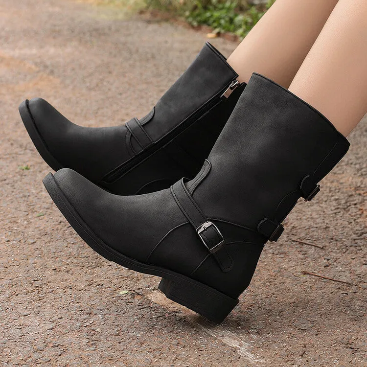 Women's Buckle Strap Round Toe Low Heels Short Boots