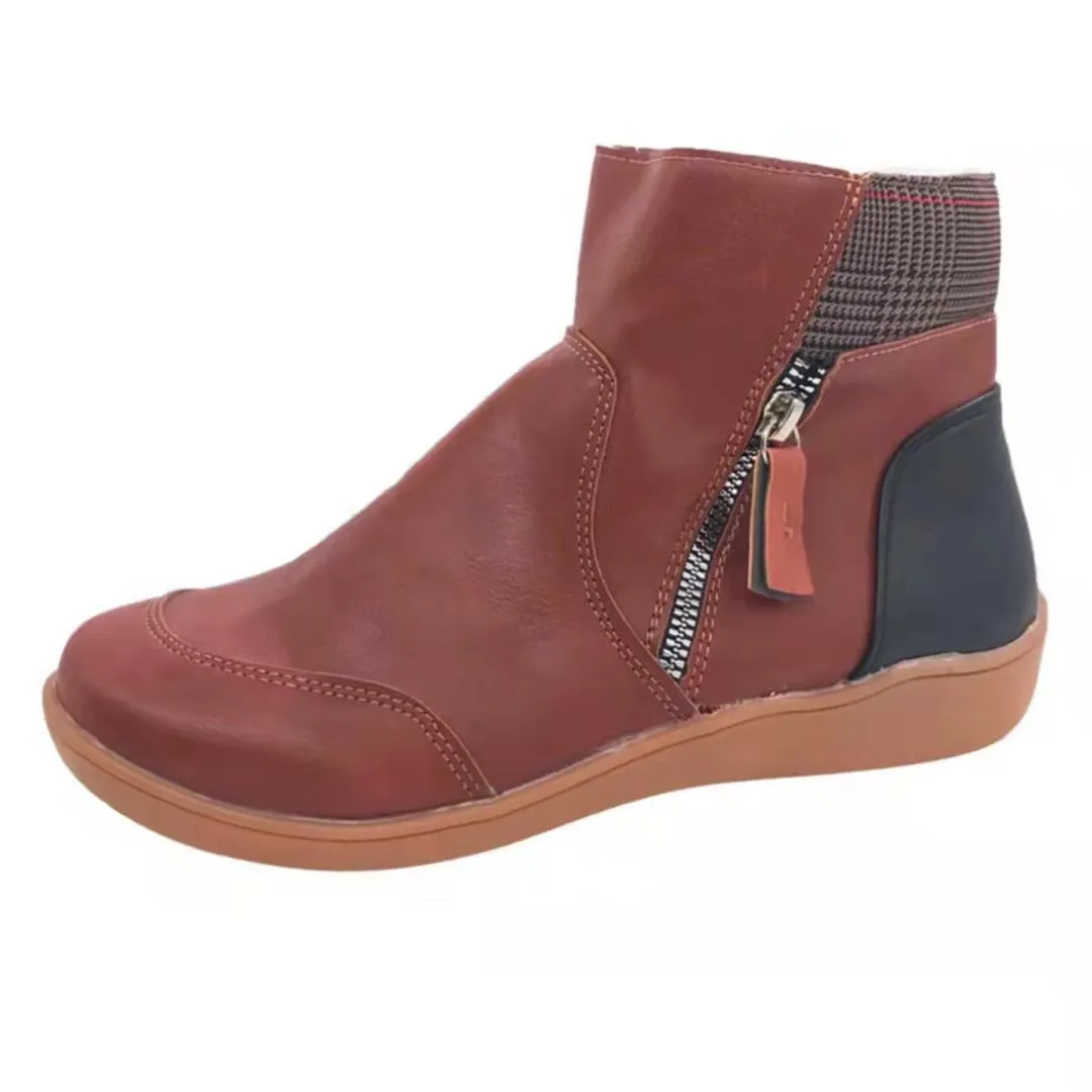Women's Leather Flat Bottom Martin Boots with Side Zipper