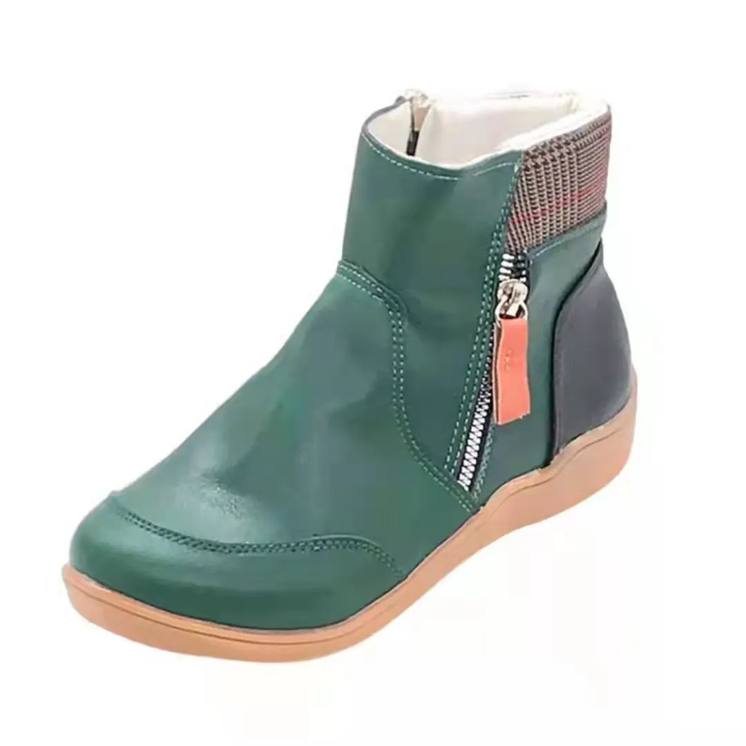 Women's Leather Flat Bottom Martin Boots with Side Zipper