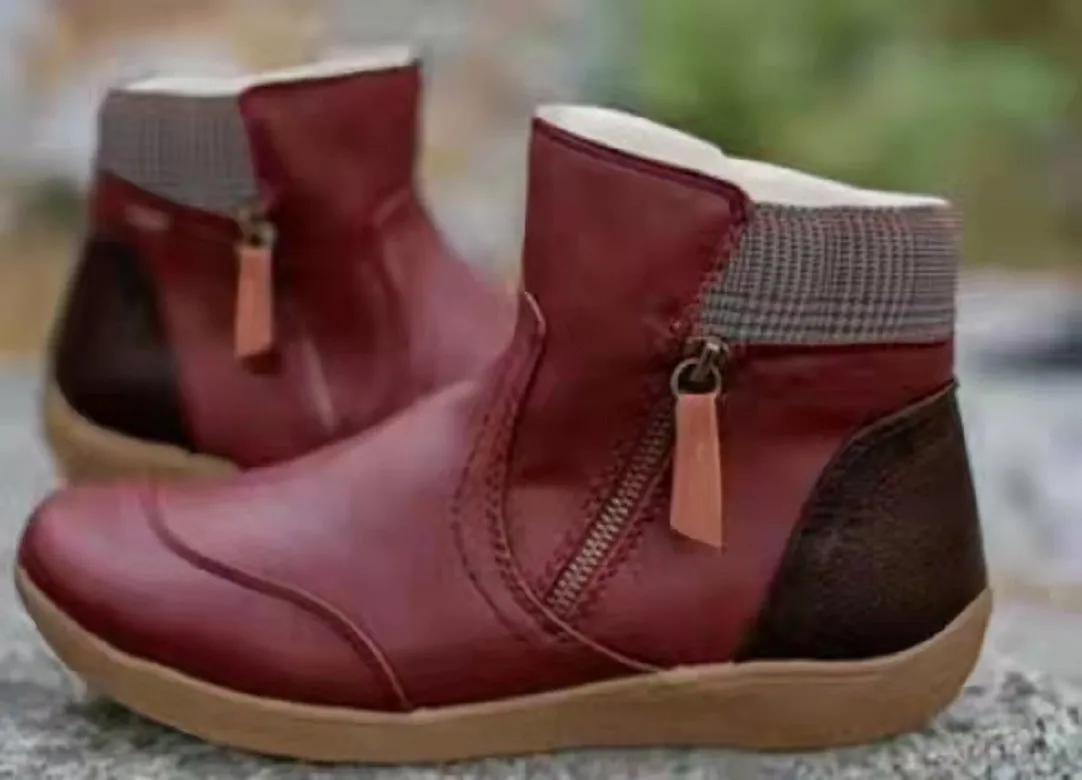 Women's Leather Flat Bottom Martin Boots with Side Zipper