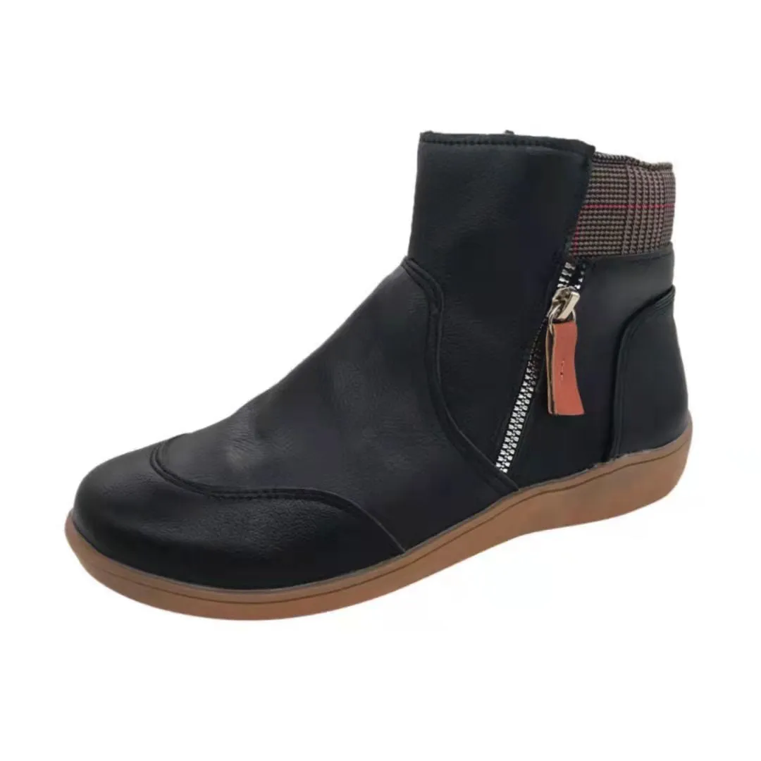 Women's Leather Flat Bottom Martin Boots with Side Zipper