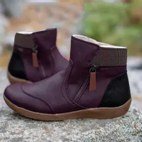 Women's Leather Flat Bottom Martin Boots with Side Zipper