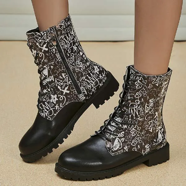 Women's Round-toe Flat Heel Printed Side Zip Martin Boots 44287634C