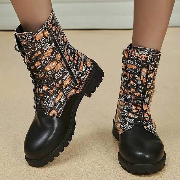 Women's Round-toe Flat Heel Printed Side Zip Martin Boots 44287634C
