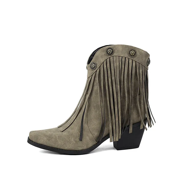 Women's Tassel Pointed Toe Block Heel Western Ankle Boots