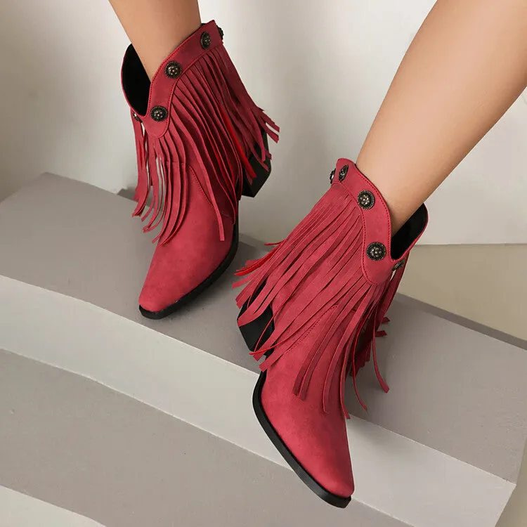 Women's Tassel Pointed Toe Block Heel Western Ankle Boots