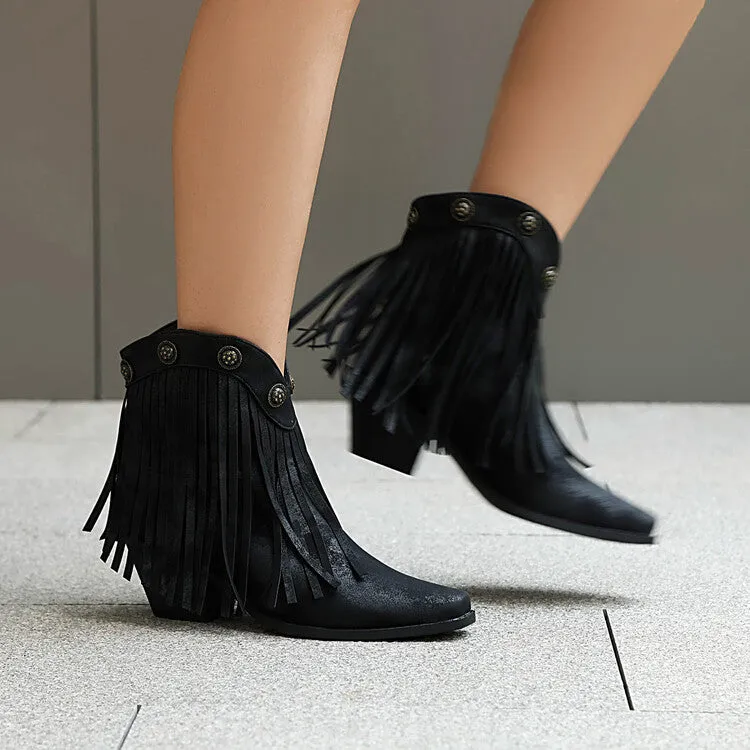 Women's Tassel Pointed Toe Block Heel Western Ankle Boots