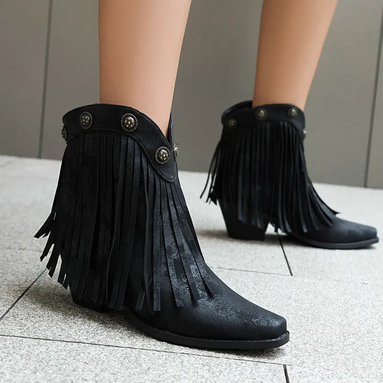 Women's Tassel Pointed Toe Block Heel Western Ankle Boots